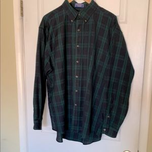 Pendleton Green and Dark Blue Plaid Button Down Shirt. Virgin Wool. One Pocket.
